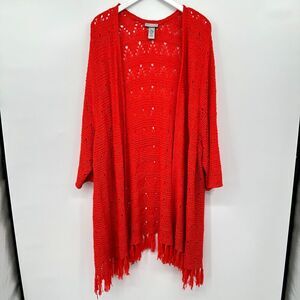 Catherines Duster Cardigan‎ Sweater Size 5X Red Orange 3/4 Sleeve Fringe Open